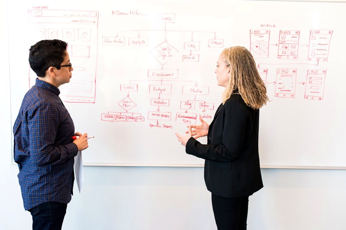 Two colleagues working a problem out at a whiteboard